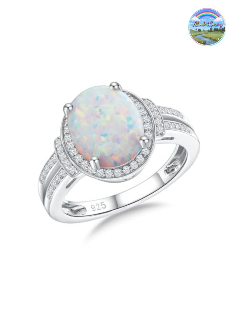 925 Sterling Silver 18k White Gold Plated Halo Engagement Ring, 5.5ct Oval Opal